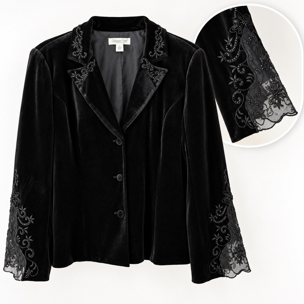 Black Velvet Beaded Sheer Lace Cuff Blazer XL Whimsigoth Gothic Rock